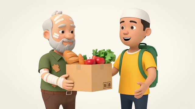 Charity donation food aid to an injured poor man 3D cartoon