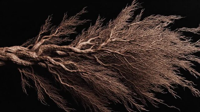 Root structure shown in detail with dark background in studio setting for plant study and investigation