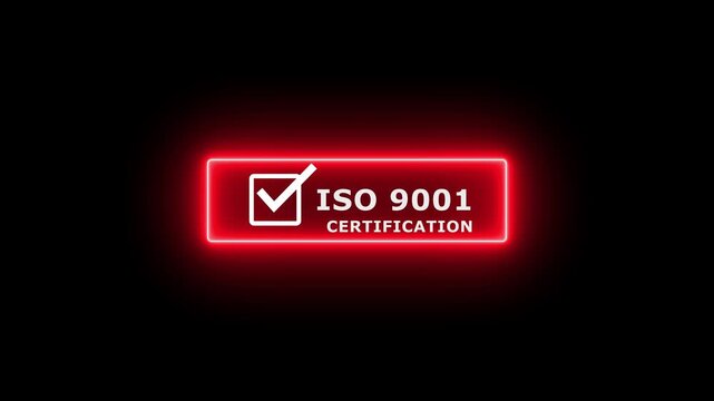 ISO 9001 certification glowing neon badge with check mark icon on dark background, symbolizing quality management system, business compliance, international standards, and professional certification.
