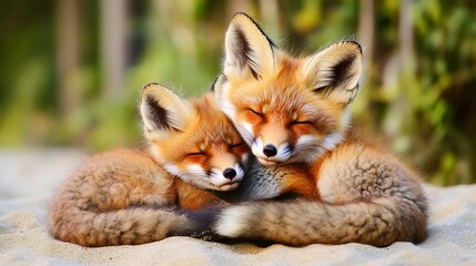 Fototapeta premium Two Adorable Red Fox Cubs Nestled Together on Sandy Soil, Embracing in a Serene Outdoor Setting