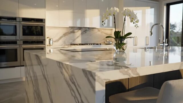 Modern kitchen with marble countertops and a vase of orchids in a bright space during the late afternoon
