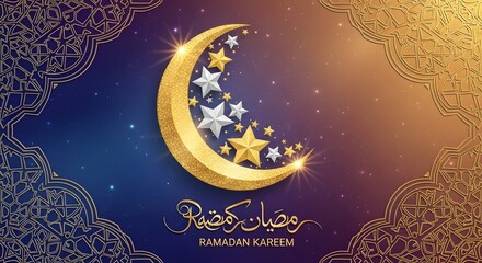 Modern Ramadan Kareem Islamic Design with Crescent Moon and Lantern Lights