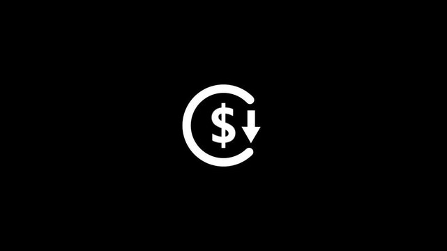 Abstract decrease icon on black background. Dollar rate down looped icon. Reduce costs sign and symbol. 4k video animation