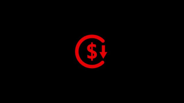 Abstract decrease icon on black background. Dollar rate down looped icon. Reduce costs sign and symbol. 4k video animation