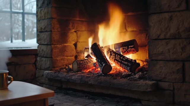 Cozy Fireplace Glow with Crackling Logs and Warm Ambiance