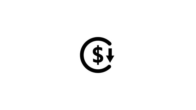 Abstract decrease icon on black background. Dollar rate down looped icon. Reduce costs sign and symbol. 4k video animation