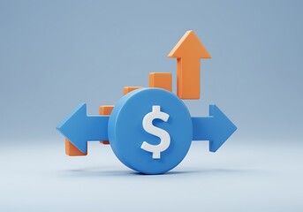 Obraz premium Blue coin with dollar sign and arrows pointing in opposite directions with orange bar graphs and upward arrow in background on light blue gradient background financial growth concept