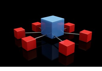 Fototapeta premium Blue cube connected to red cubes with metal rods on black reflective surface network and communication concept