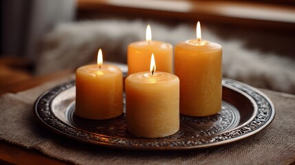 Four lit golden pillar candles glowing on a decorative metal tray casting a warm and serene atmosphere