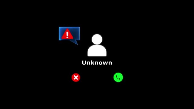 Phone screen alerting unknown scam call. Concept of phone fraud, spam calls, scammer warning system, and cybersecurity protection. Mobile safety technology against phishing and fake calls. 4k video