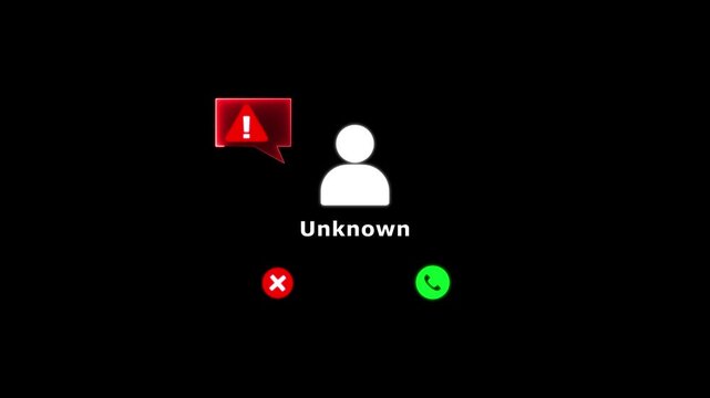 Phone screen alerting unknown scam call. Concept of phone fraud, spam calls, scammer warning system, and cybersecurity protection. Mobile safety technology against phishing and fake calls. 4k video