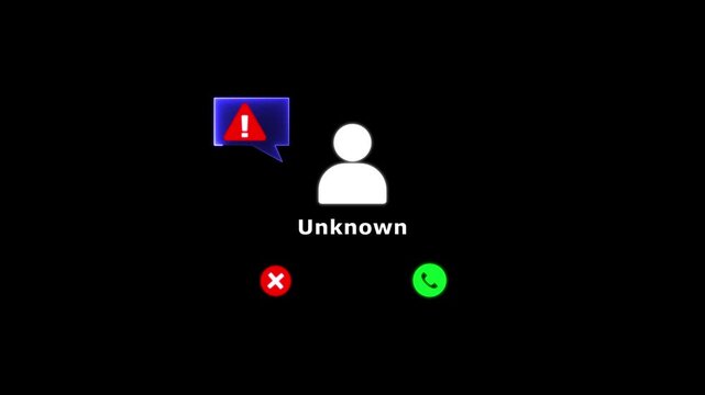 Phone screen alerting unknown scam call. Concept of phone fraud, spam calls, scammer warning system, and cybersecurity protection. Mobile safety technology against phishing and fake calls. 4k video