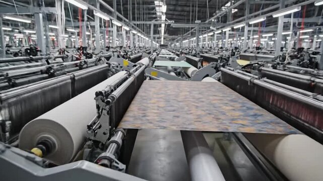 Workers operate machines in textile factory in India during daytime for fabric production