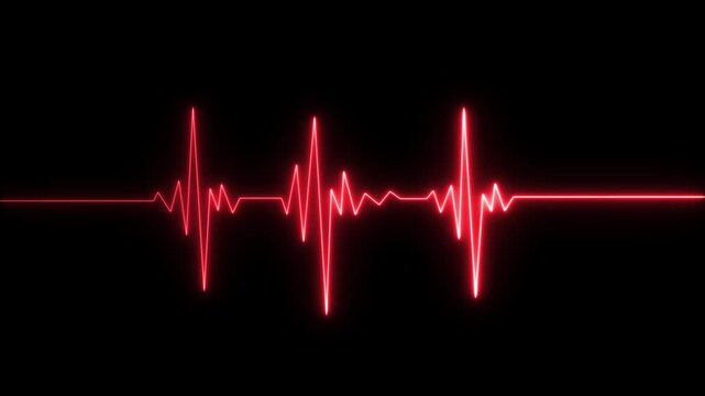 Neon electrocardiogram heartbeat line glowing on dark black background, representing heart rate monitoring, medical technology, health, and vital signs. 4k animation video
