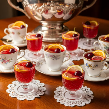 Elegant table setting with teacups and glasses filled with red fruit punch garnished with orange slices and cherries on a wooden table with a silver serving dish