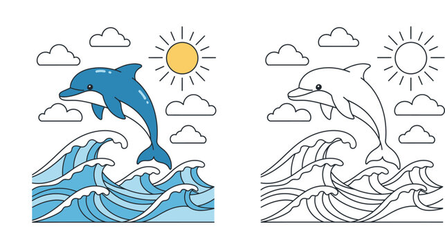 Cute jumping dolphin over ocean waves vector illustration. Includes colored flat design and black and white line art outline for coloring book pages.
