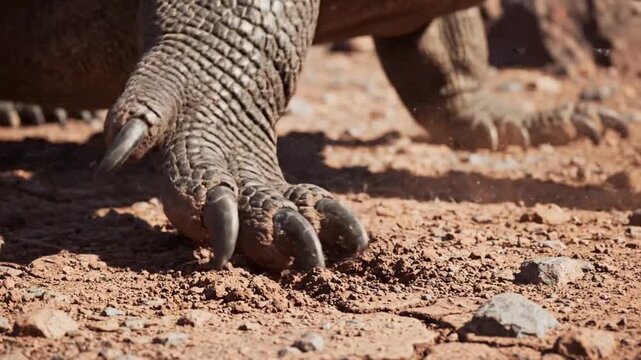 Large reptile walks on dry ground and shows its claws during daytime hours in a desert area