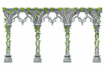 Stone arcade with gothic arches and climbing green vines isolated on white © Etika