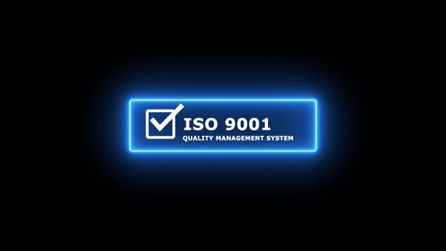 Minimal ISO 9001 Quality Management System certification banner featuring a white checkmark inside a square icon with bold ISO 9001 text on a black background. 4k video