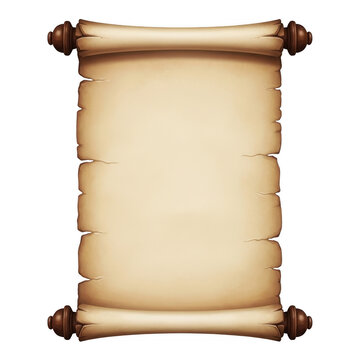Old scroll with wooden rollers, parchment for message, ancient document, blank paper, rolled paper, medieval scroll, decorative element, transparent background