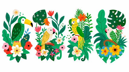 Tropical birds and lush foliage in a vibrant colorful illustration