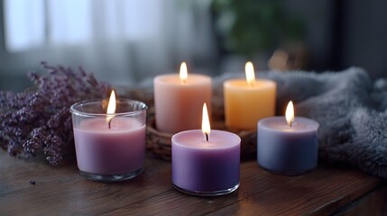 Softly lit candles in pastel hues including purple pink and yellow with lavender create a serene atmosphere on a wooden table