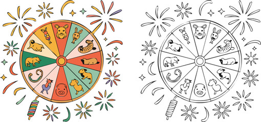 Chinese zodiac animals Illustration and outline set isolated on transparent background