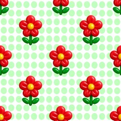 Playful Cartoon Flower Pattern with Red Petals, Yellow Centers, Green Leaves and Light Green Polka Dots on White Background for Decorative Design and Textiles