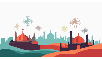 Stylized Islamic City Vector with Domes, Minarets, Fireworks for Eid Milad-un-Nabi Greeting © MdRifat