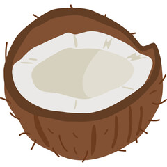 A roasted coconut cut in half, revealing the white flesh inside.