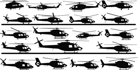 Set of various helicopter black silhouettes isolated on white background including civil transport military aircraft chopper icons and aviation vector design elements © MdRasel