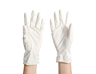 Obraz premium Two hands in white latex gloves raised against black