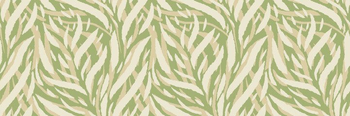 Seamless abstract leafy pattern with layered tropical foliage in soft beige, cream and olive green tones. Modern camouflage style for fabric, wallpaper and packaging design © incarnadine