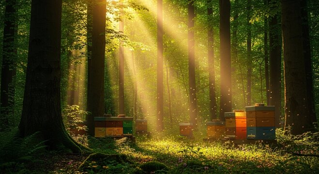Colorful beehives in a sunny forest. An apiary scene with beaming sunlight for beekeeping, nature, and organic honey production.