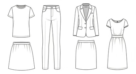 Fashion illustration of women's clothing set including tops bottoms and outerwear on white background