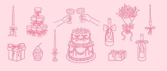 Wedding collection line art vector set, pink doodle cake, champagne, flowers, gift box, candles, marriage decoration