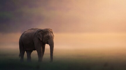 Naklejka premium Thai elephant in tropical forest at golden sunset