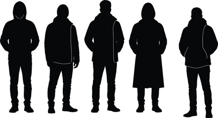 Diverse group of people in hooded winter jackets coats parkas standing poses black silhouette vector illustration street outerwear fashion © Shahanaj