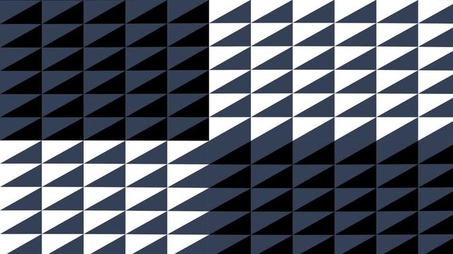 A hypnotic, abstract background featuring a grid of shifting triangles in black, white, and shades of grey. The geometric pattern creates a dynamic visual effect, perfect for modern design, tech