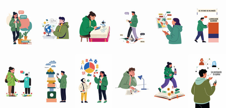 Young people embracing multilingualism and global communication through technology and AI, learning foreign languages and breaking down barriers in an interconnected world.