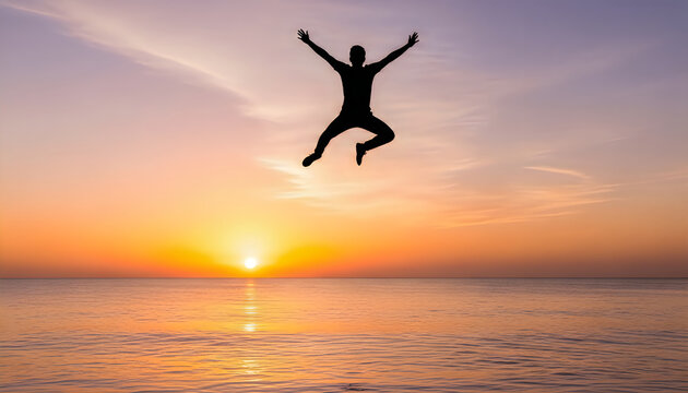 A person jumping in the air at sunset over water