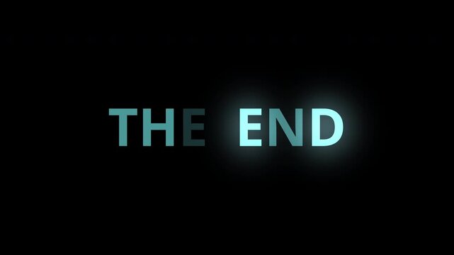 The End sign cinematic title on dark black background, dramatic closing scene text for film finale, modern motion graphic style