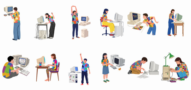 Retro computer users engaging in learning, problem-solving, and everyday tasks with vintage technology, highlighting nostalgia and digital education.