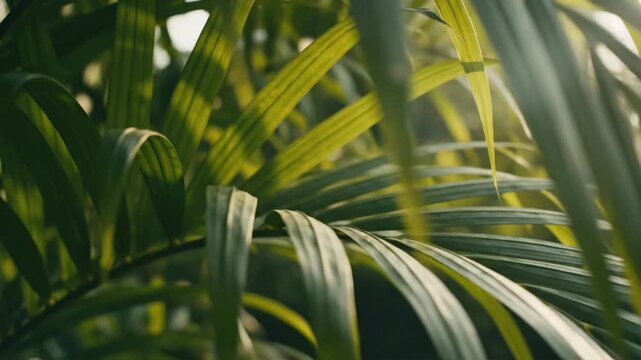 Close view of palm leaves swaying in the breeze at sunset in a tropical garden