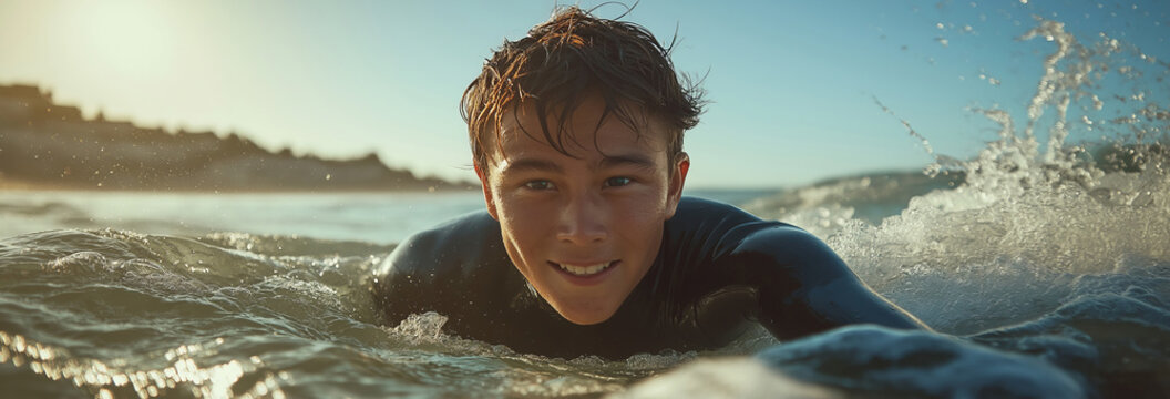  Pro Surfboarder Catching a Wave, Full Body Shot