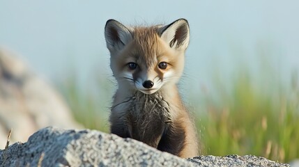 Fototapeta premium Cute Young Fox Cub Sitting on a Rock Surrounded by Greenery, Capturing Nature s Beauty