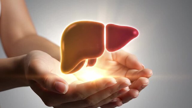 Hands gently holding a glowing, healthy liver symbolizing care and well-being