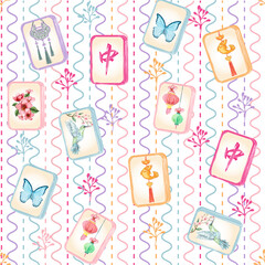Seamless Mahjong Tiles Pattern with Flowers and Chinese Charms, Cute Pastel Chinoiserie Vector Design.