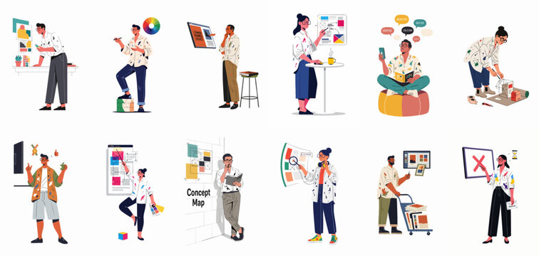 Diverse graphic and UI/UX designers collaborate on projects, illustrating modern creative workflow, conceptualization, and artistic development in various professional settings.