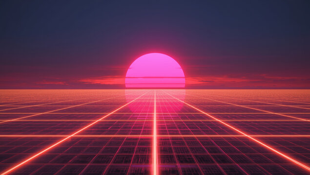 Neon pink sunset over retro grid horizon glowing with digital reflection